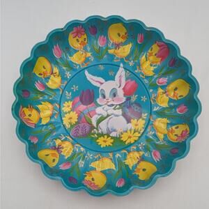 Vtg Blue Easter Bunny Bowl Rabbit Scalloped Plastic Molded Candy Tray Chicks
